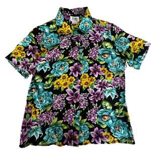VNTG Silks by Joan Leslie Multicolor Floral ShortSleeve Silk ButtonDown Shirt- 8